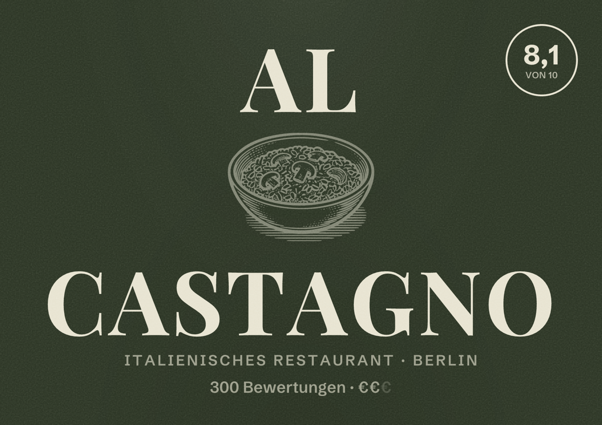 Illustriertes Poster von Al Castagno, Italienisches Restaurant in Berlin: Bewertung 8,1 von 10 aus 300 Bewertungen, Preisniveau €€