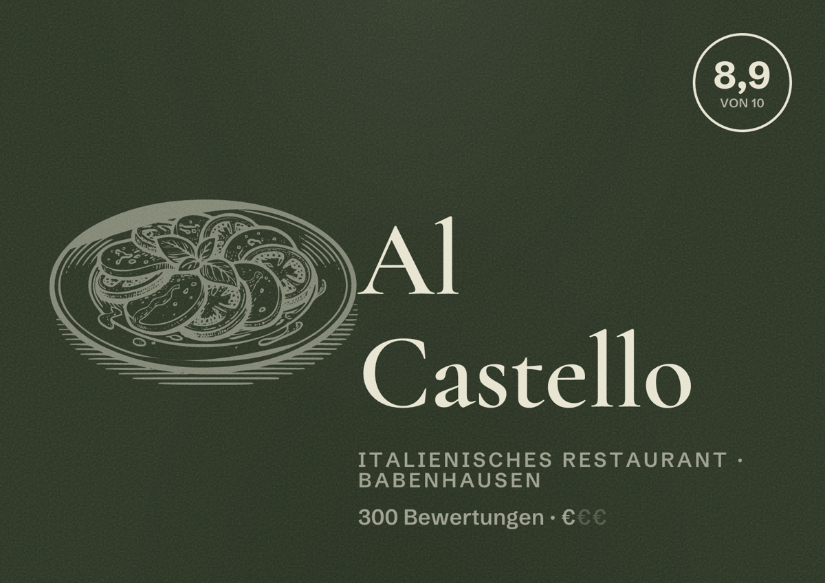 Illustriertes Poster von Al Castello, Italienisches Restaurant in Babenhausen: Bewertung 8,9 von 10 aus 300 Bewertungen, Preisniveau €