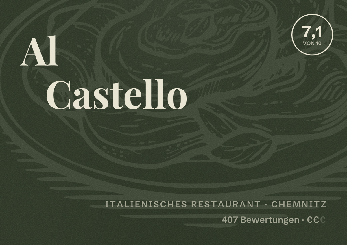 Illustriertes Poster von Al Castello, Italienisches Restaurant in Chemnitz: Bewertung 7,1 von 10 aus 407 Bewertungen, Preisniveau €€