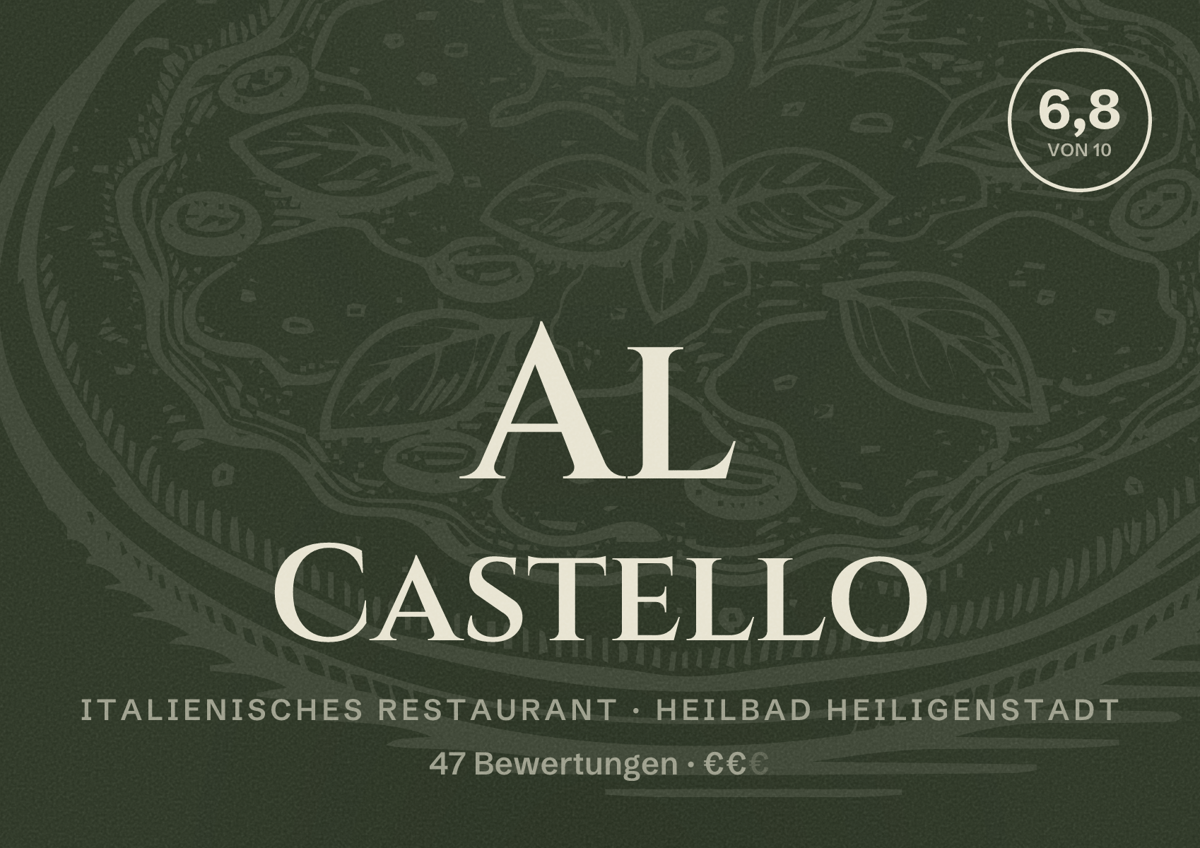 Illustriertes Poster von Al Castello, Italienisches Restaurant in Heilbad Heiligenstadt: Bewertung 6,8 von 10 aus 47 Bewertungen, Preisniveau €€