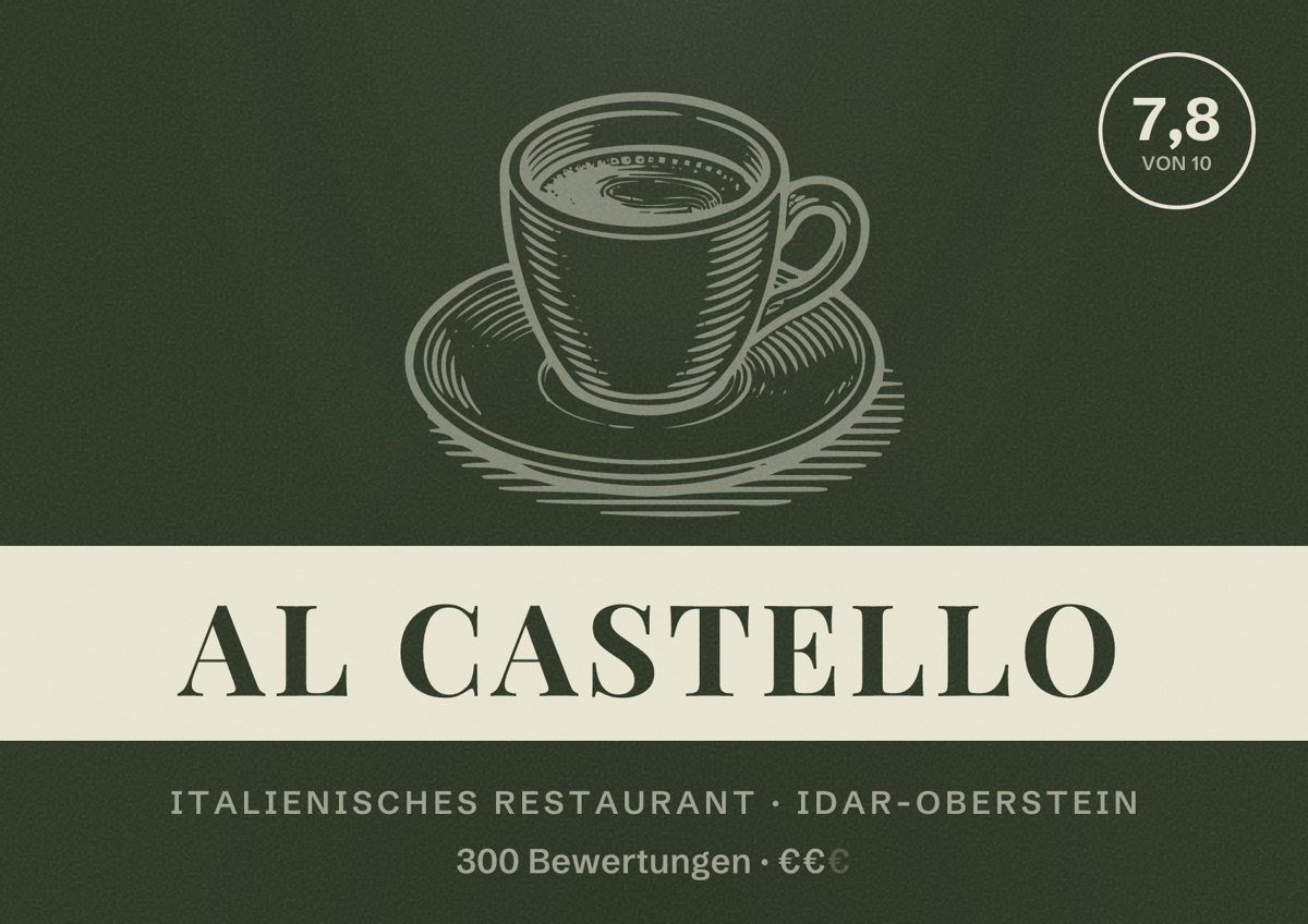 Illustriertes Poster von Al Castello, Italienisches Restaurant in Idar-Oberstein: Bewertung 7,8 von 10 aus 300 Bewertungen, Preisniveau €€