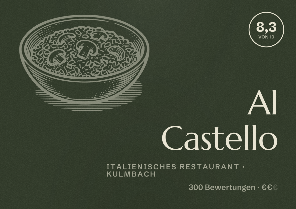Illustriertes Poster von Al Castello, Italienisches Restaurant in Kulmbach: Bewertung 8,3 von 10 aus 300 Bewertungen, Preisniveau €€