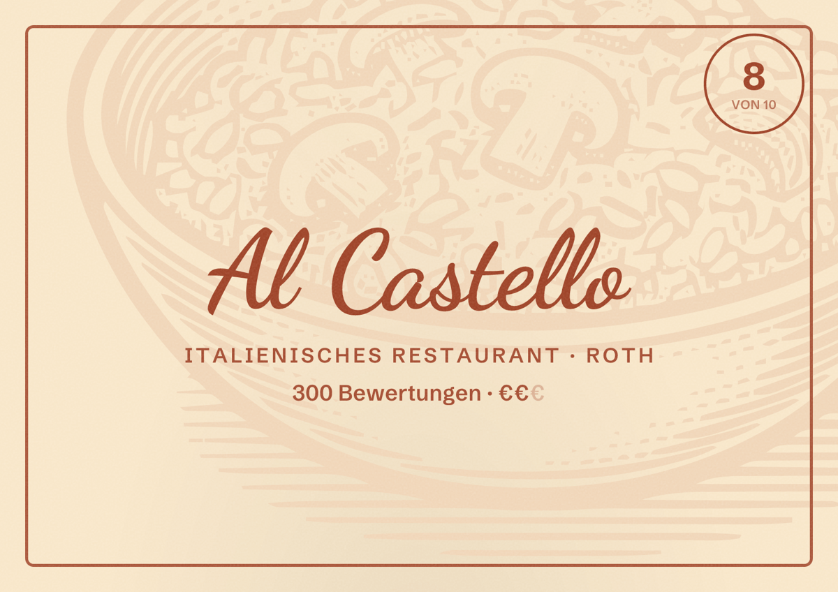 Illustriertes Poster von Al Castello, Italienisches Restaurant in Roth: Bewertung 8 von 10 aus 300 Bewertungen, Preisniveau €€