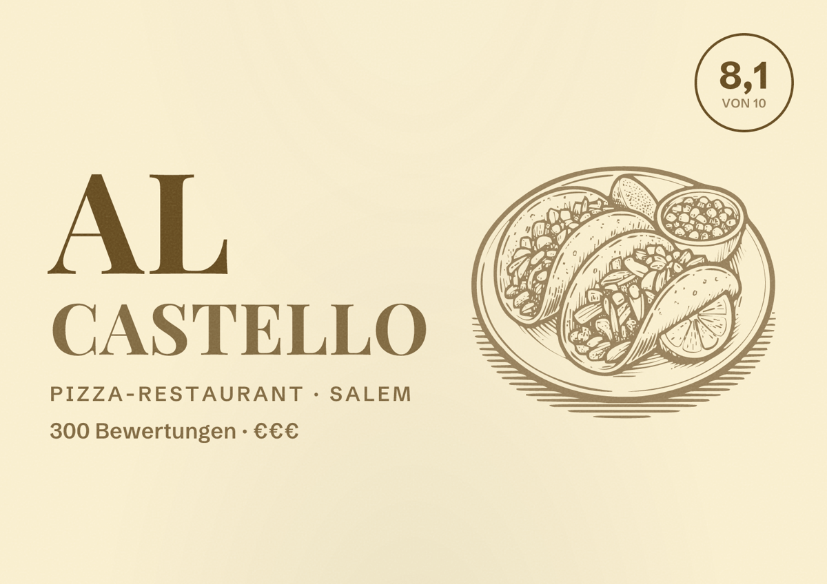 Illustriertes Poster von Al Castello, Pizza-Restaurant in Salem: Bewertung 8,1 von 10 aus 300 Bewertungen, Preisniveau €€€