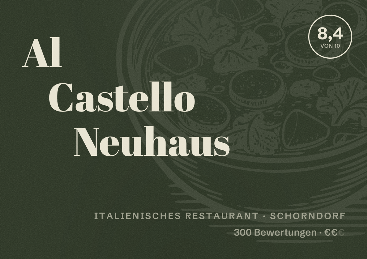 Illustriertes Poster von Al Castello Neuhaus, Italienisches Restaurant in Schorndorf: Bewertung 8,4 von 10 aus 300 Bewertungen, Preisniveau €€