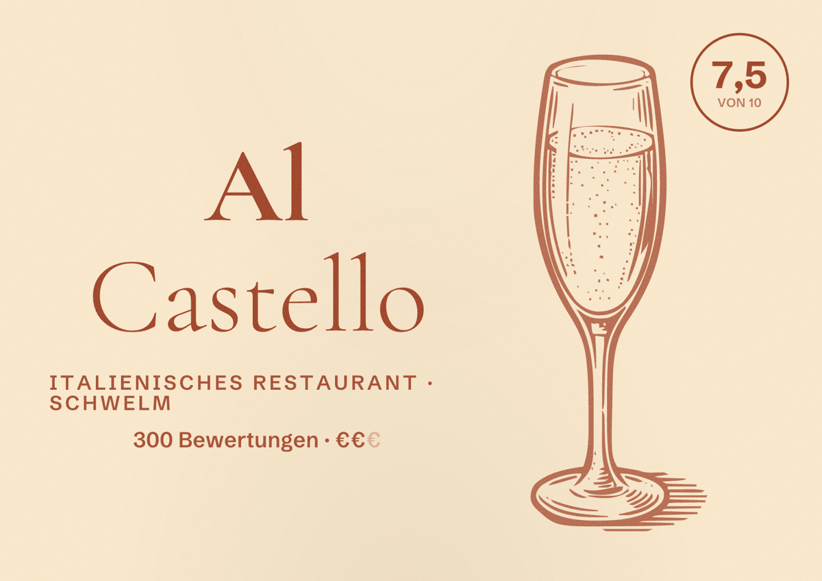 Illustriertes Poster von Al Castello, Italienisches Restaurant in Schwelm: Bewertung 7,5 von 10 aus 300 Bewertungen, Preisniveau €€