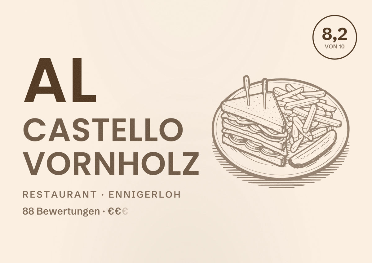 Illustriertes Poster von Al Castello Vornholz, Restaurant in Ennigerloh: Bewertung 8,2 von 10 aus 88 Bewertungen, Preisniveau €€