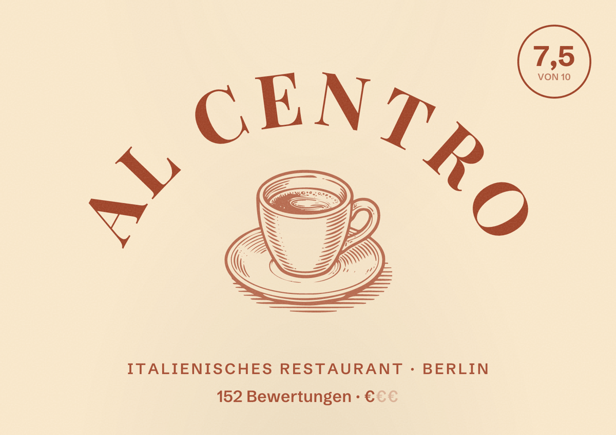 Illustriertes Poster von Al Centro, Italienisches Restaurant in Berlin: Bewertung 7,5 von 10 aus 152 Bewertungen, Preisniveau €
