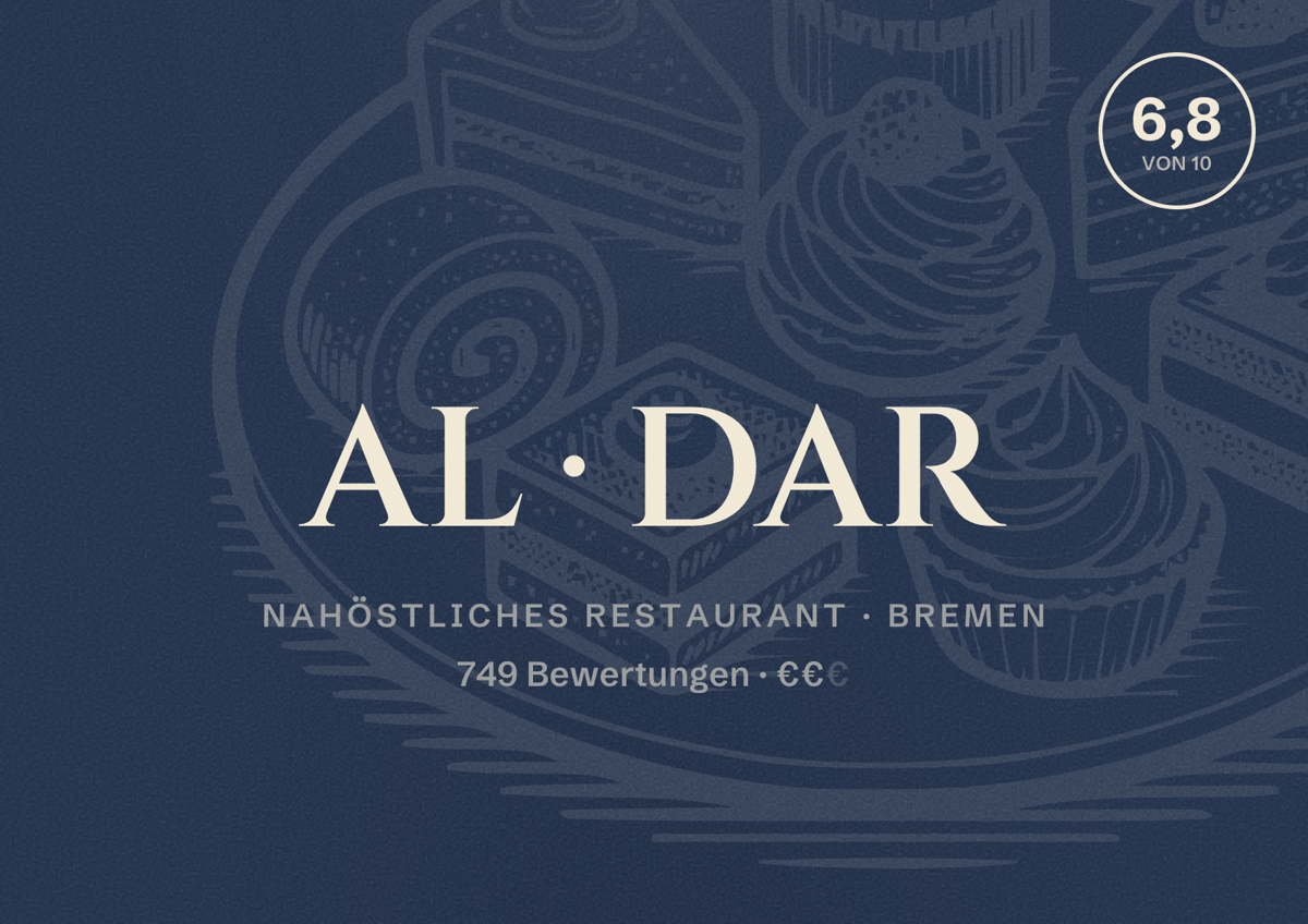 Illustriertes Poster von AL DAR, Nahöstliches Restaurant in Bremen: Bewertung 6,8 von 10 aus 749 Bewertungen, Preisniveau €€