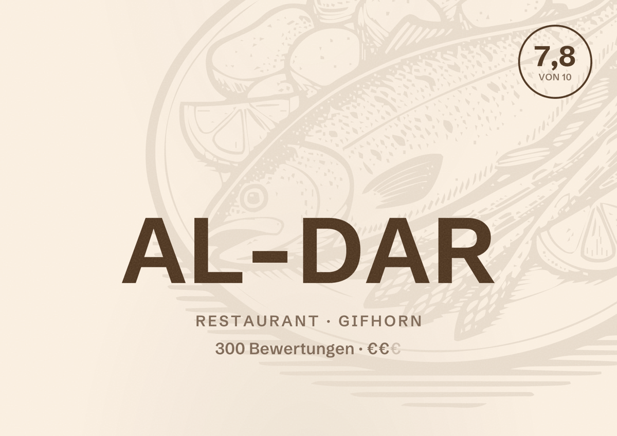 Illustriertes Poster von AL-DAR, Restaurant in Gifhorn: Bewertung 7,8 von 10 aus 300 Bewertungen, Preisniveau €€