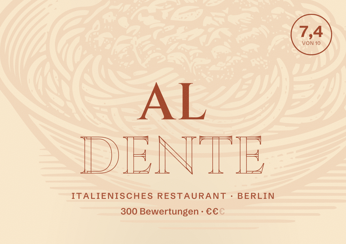 Illustriertes Poster von Al Dente, Italienisches Restaurant in Berlin: Bewertung 7,4 von 10 aus 300 Bewertungen, Preisniveau €€