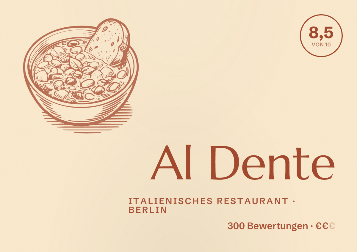Illustriertes Poster von Al Dente, Italienisches Restaurant in Berlin: Bewertung 8,5 von 10 aus 300 Bewertungen, Preisniveau €€