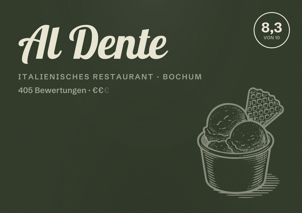 Illustriertes Poster von Al Dente, Italienisches Restaurant in Bochum: Bewertung 8,3 von 10 aus 405 Bewertungen, Preisniveau €€