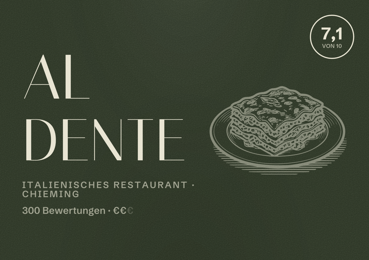 Illustriertes Poster von Al Dente, Italienisches Restaurant in Chieming: Bewertung 7,1 von 10 aus 300 Bewertungen, Preisniveau €€