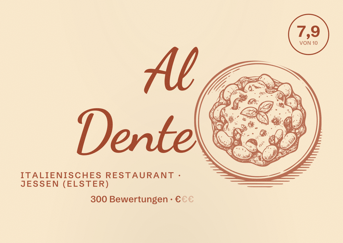 Illustriertes Poster von Al Dente, Italienisches Restaurant in Jessen (Elster): Bewertung 7,9 von 10 aus 300 Bewertungen, Preisniveau €