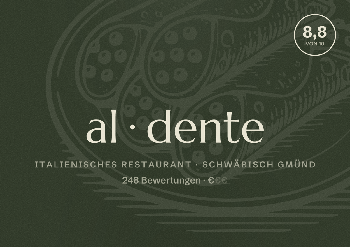 Illustriertes Poster von al dente, Italienisches Restaurant in Schwäbisch Gmünd: Bewertung 8,8 von 10 aus 248 Bewertungen, Preisniveau €