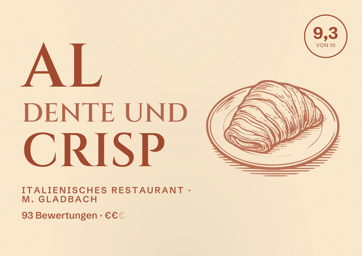 Illustriertes Poster von Al Dente und Crisp, Italienisches Restaurant in M. Gladbach: Bewertung 9,3 von 10 aus 93 Bewertungen, Preisniveau €€