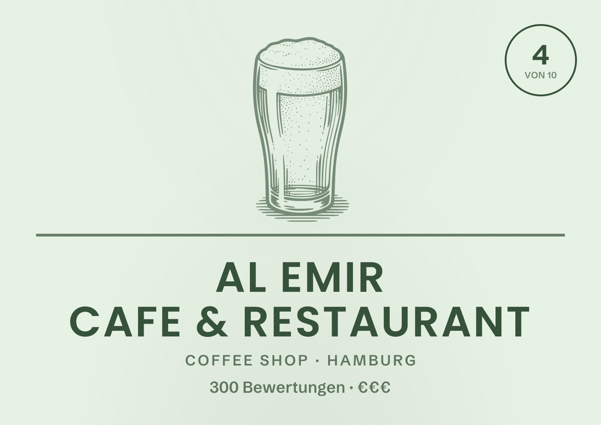 Illustriertes Poster von Al Emir Cafe & Restaurant, Coffee Shop in Hamburg: Bewertung 4,0 von 10 aus 300 Bewertungen, Preisniveau €€€