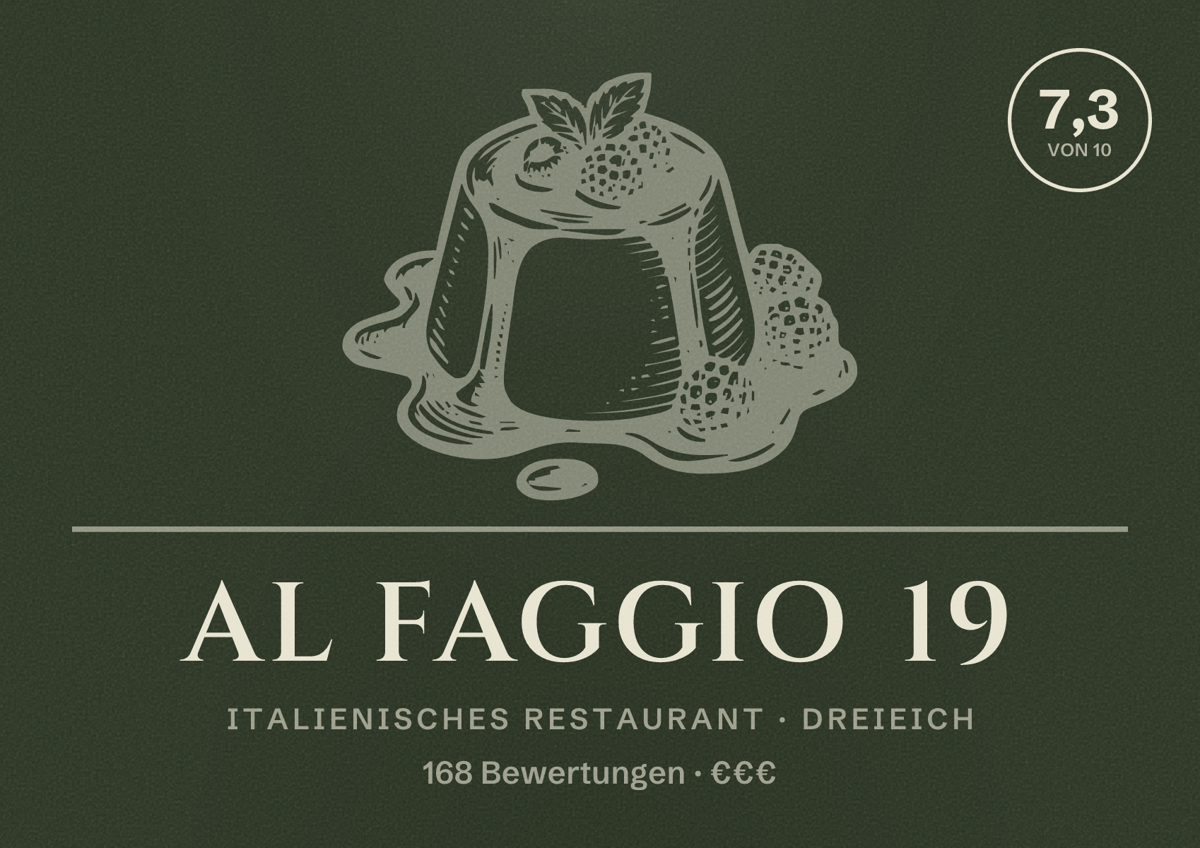 Illustriertes Poster von Al Faggio 19, Italienisches Restaurant in Dreieich: Bewertung 7,3 von 10 aus 168 Bewertungen, Preisniveau €€€