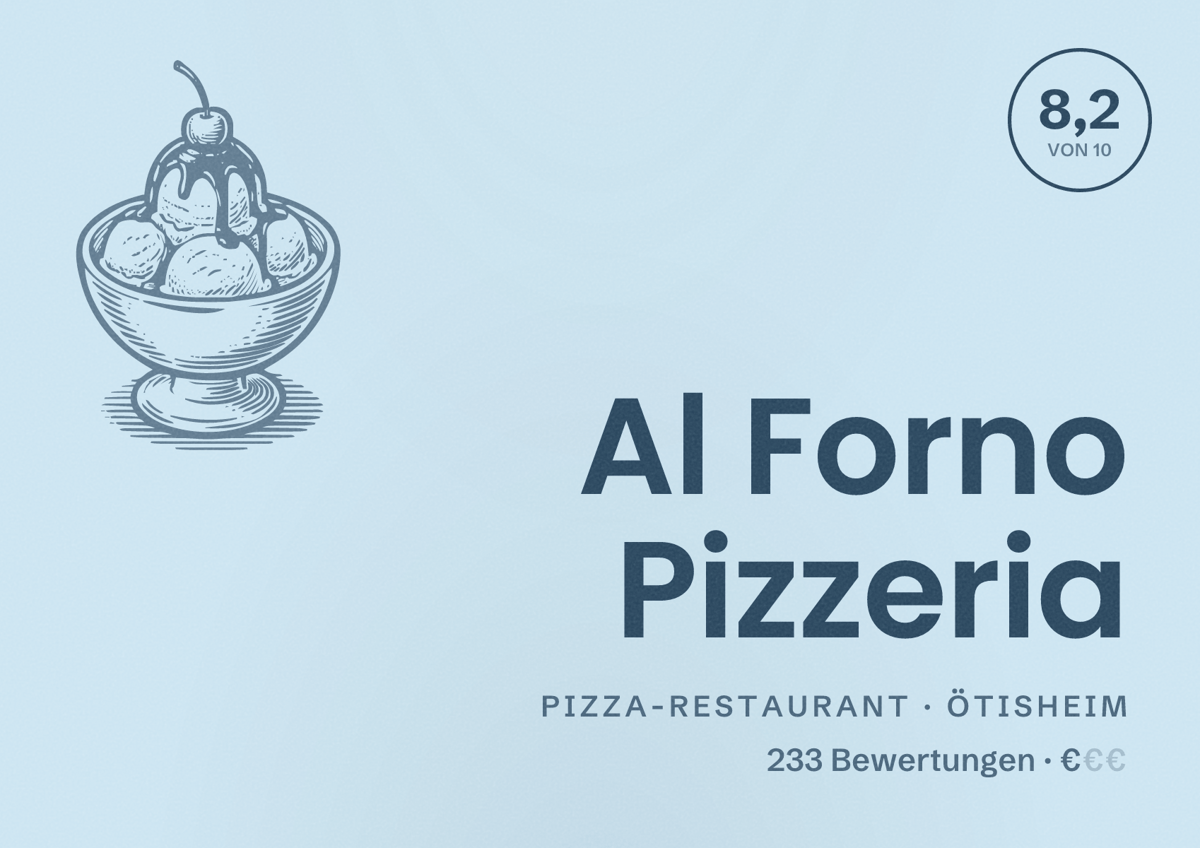Illustriertes Poster von Al Forno Pizzeria, Pizza-Restaurant in Ötisheim: Bewertung 8,2 von 10 aus 233 Bewertungen, Preisniveau €