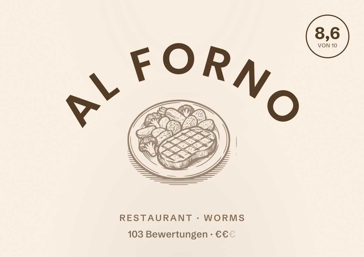 Illustriertes Poster von Al Forno, Restaurant in Worms: Bewertung 8,6 von 10 aus 103 Bewertungen, Preisniveau €€