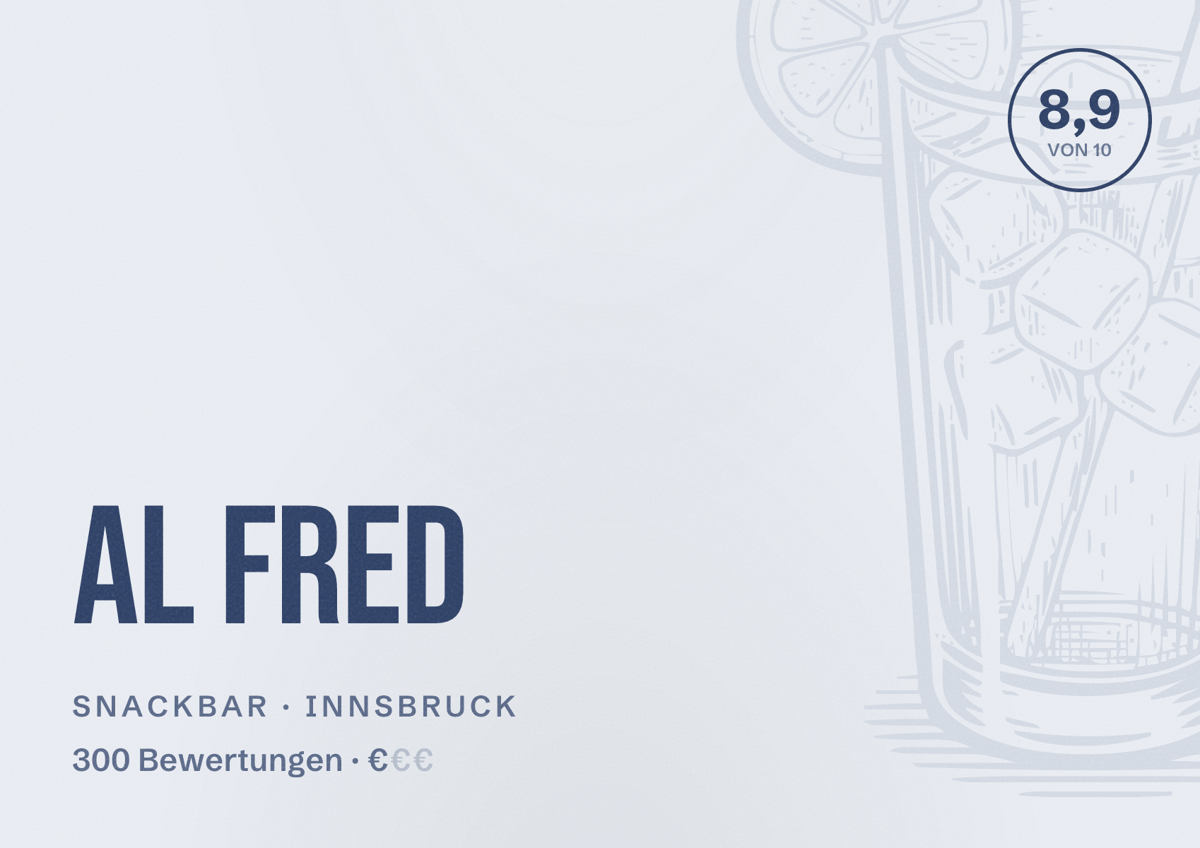 Illustriertes Poster von Al Fred, Snackbar in Innsbruck: Bewertung 8,9 von 10 aus 300 Bewertungen, Preisniveau €