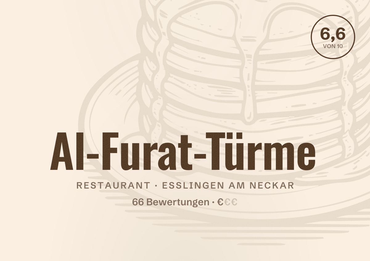 Illustriertes Poster von Al-Furat-Türme, Restaurant in Esslingen am Neckar: Bewertung 6,6 von 10 aus 66 Bewertungen, Preisniveau €