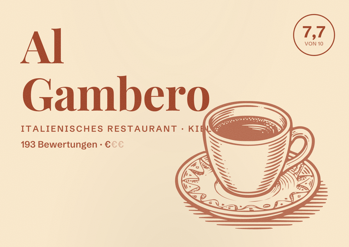 Illustriertes Poster von Al Gambero, Italienisches Restaurant in Kiel: Bewertung 7,7 von 10 aus 193 Bewertungen, Preisniveau €