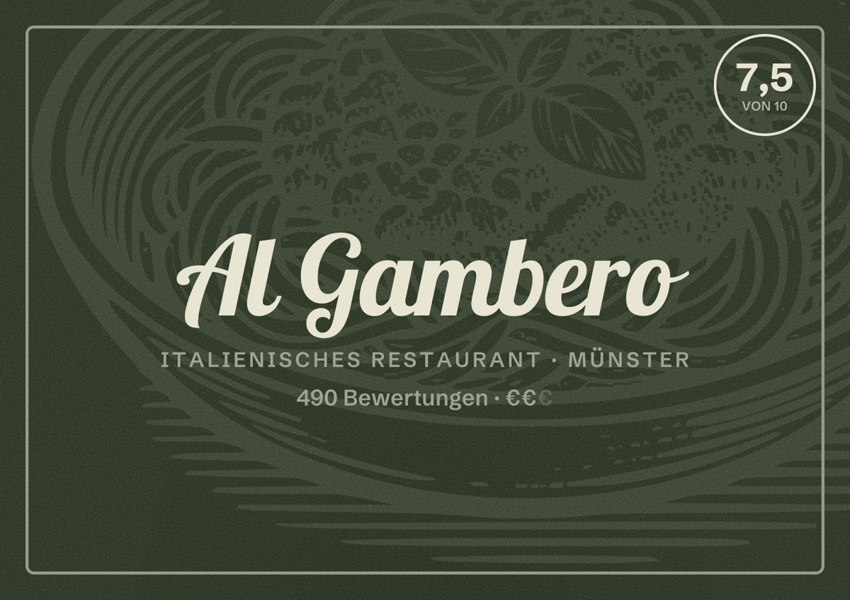 Illustriertes Poster von Al Gambero, Italienisches Restaurant in Münster: Bewertung 7,5 von 10 aus 490 Bewertungen, Preisniveau €€