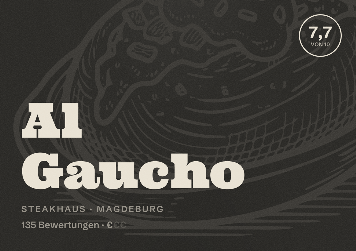 Illustriertes Poster von Al Gaucho, Steakhaus in Magdeburg: Bewertung 7,7 von 10 aus 135 Bewertungen, Preisniveau €