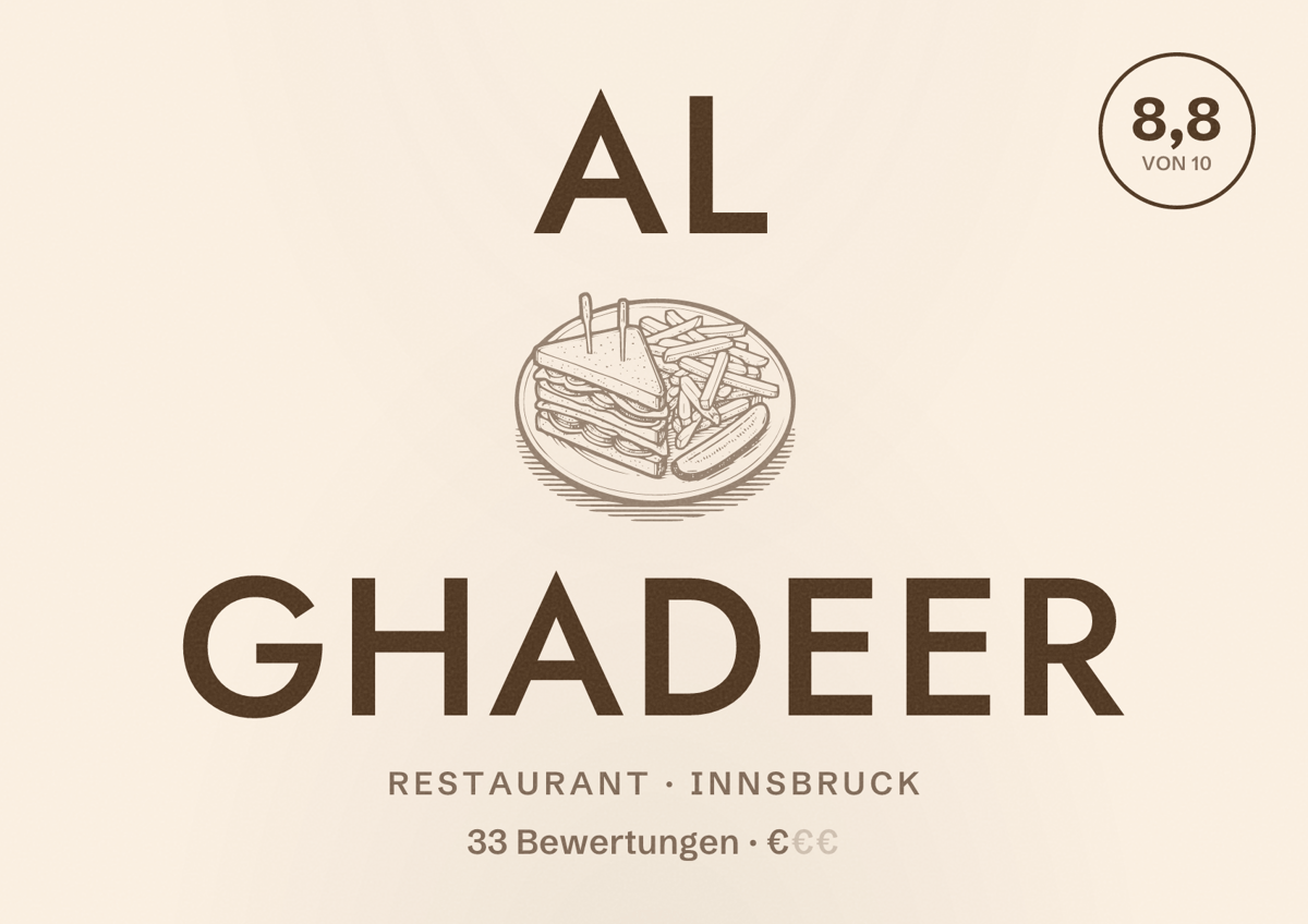 Illustriertes Poster von Al Ghadeer, Restaurant in Innsbruck: Bewertung 8,8 von 10 aus 33 Bewertungen, Preisniveau €