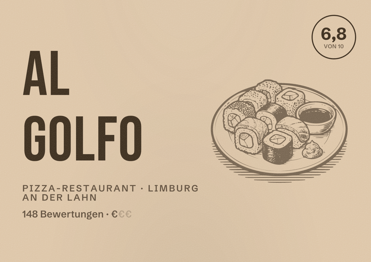 Illustriertes Poster von Al Golfo, Pizza-Restaurant in Limburg an der Lahn: Bewertung 6,8 von 10 aus 148 Bewertungen, Preisniveau €