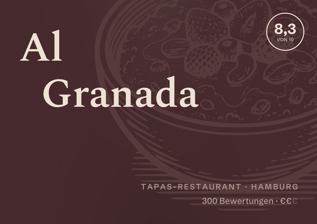 Illustriertes Poster von Al Granada, Tapas-Restaurant in Hamburg: Bewertung 8,3 von 10 aus 300 Bewertungen, Preisniveau €€