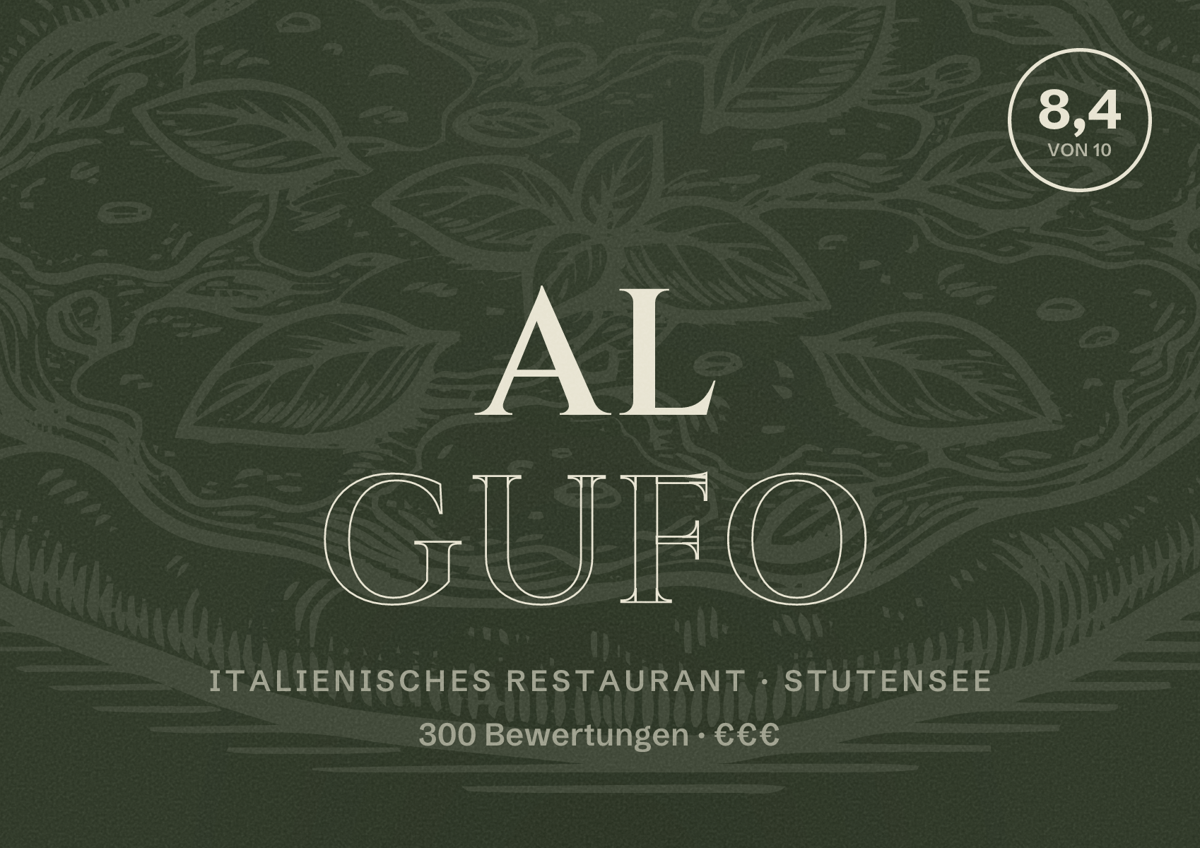 Illustriertes Poster von Al Gufo, Italienisches Restaurant in Stutensee: Bewertung 8,4 von 10 aus 300 Bewertungen, Preisniveau €€€