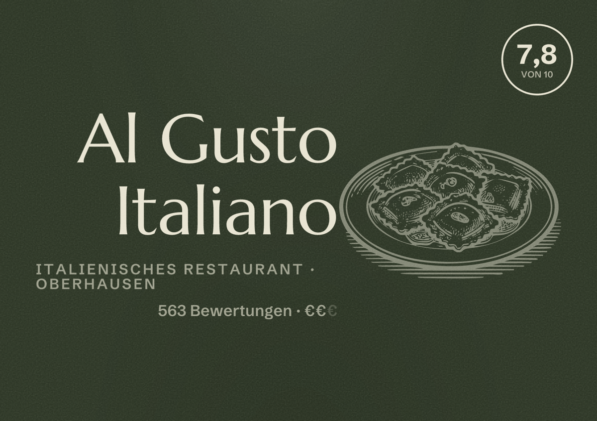Illustriertes Poster von Al Gusto Italiano, Italienisches Restaurant in Oberhausen: Bewertung 7,8 von 10 aus 563 Bewertungen, Preisniveau €€