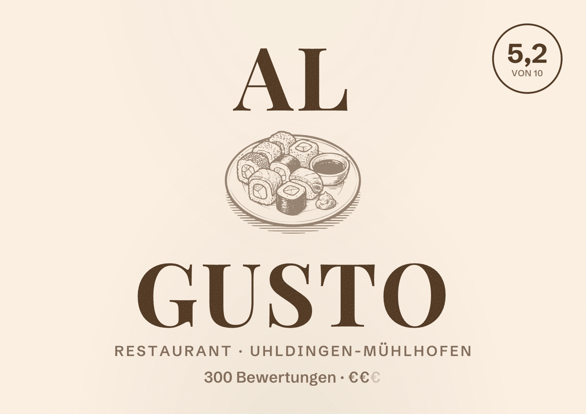 Illustriertes Poster von Al Gusto, Restaurant in Uhldingen-Mühlhofen: Bewertung 5,2 von 10 aus 300 Bewertungen, Preisniveau €€