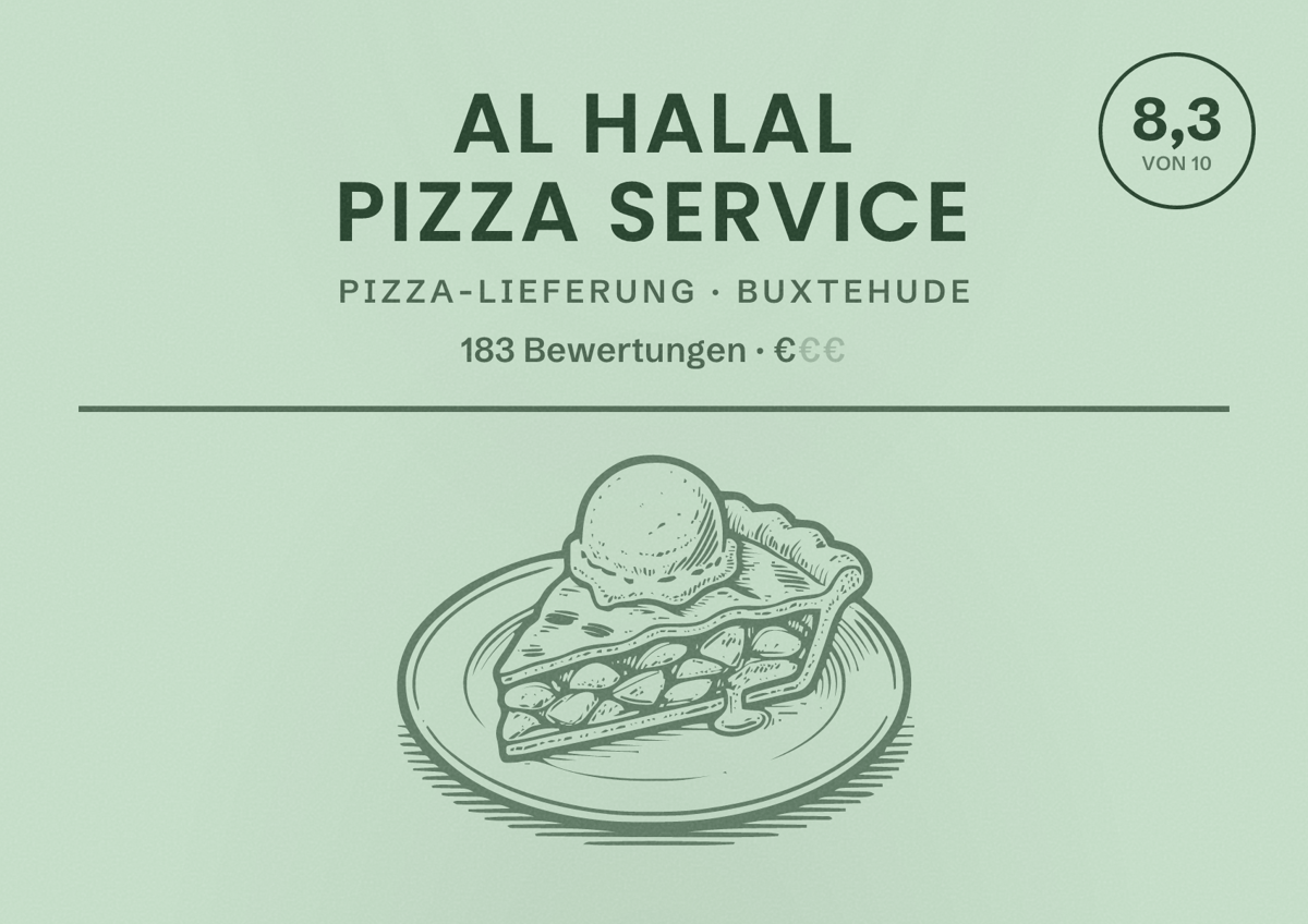 Illustriertes Poster von Al Halal Pizza Service, Pizza-Lieferung in Buxtehude: Bewertung 8,3 von 10 aus 183 Bewertungen, Preisniveau €