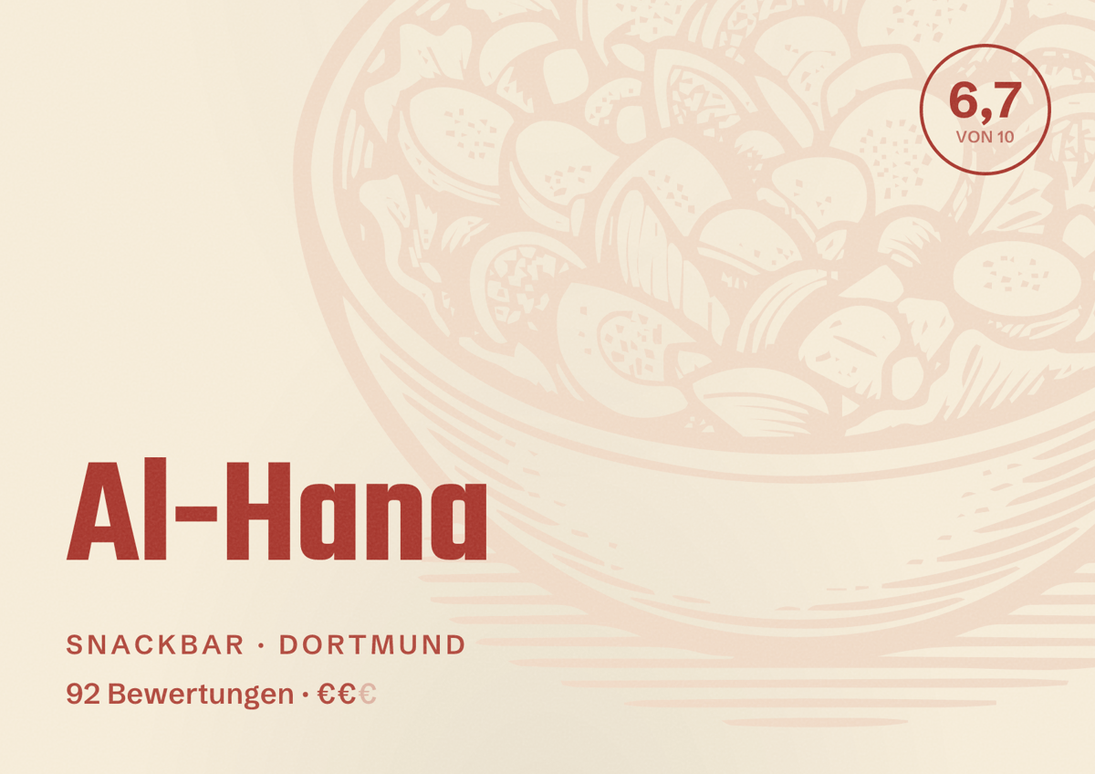 Illustriertes Poster von Al-Hana, Snackbar in Dortmund: Bewertung 6,7 von 10 aus 92 Bewertungen, Preisniveau €€