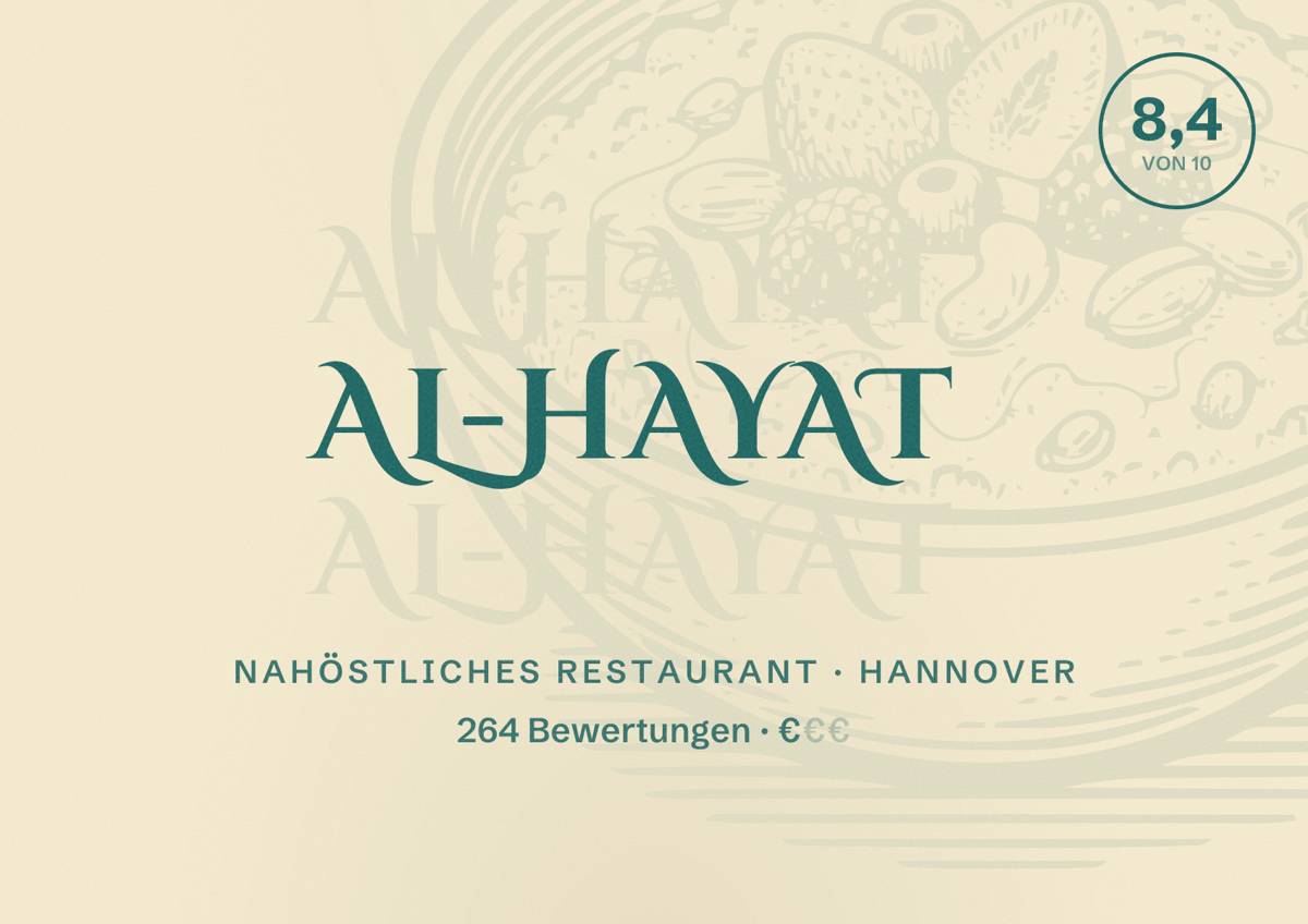 Illustriertes Poster von Al-Hayat, Nahöstliches Restaurant in Hannover: Bewertung 8,4 von 10 aus 264 Bewertungen, Preisniveau €