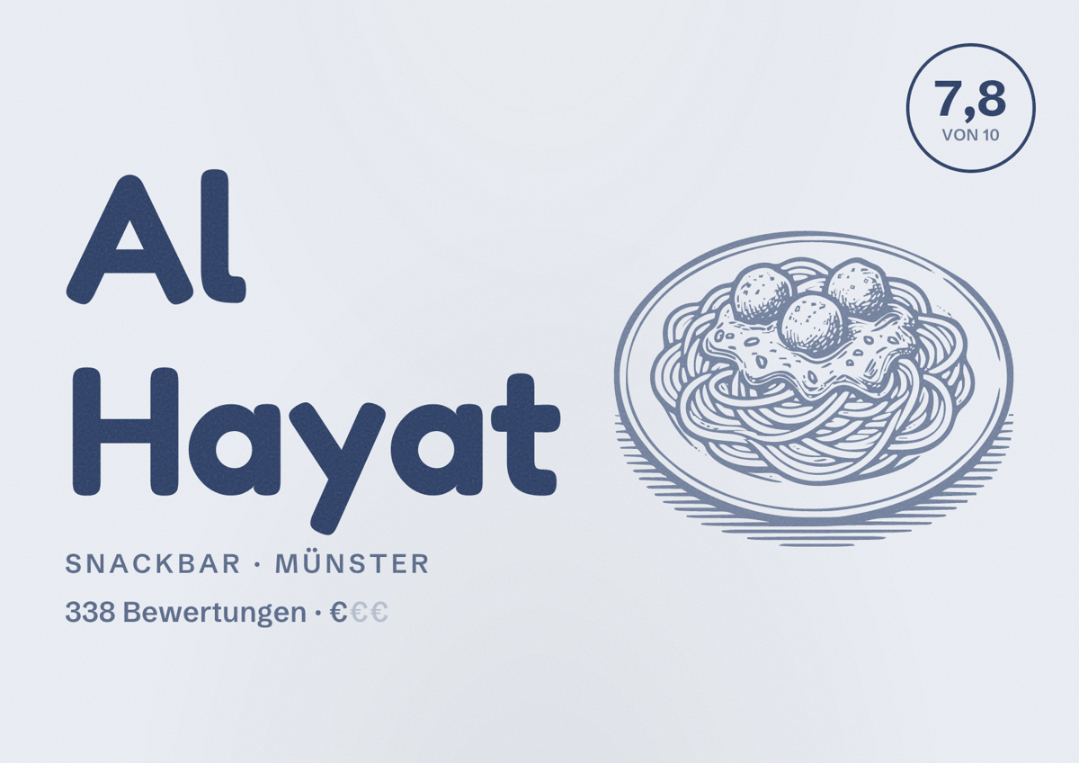 Illustriertes Poster von Al Hayat, Snackbar in Münster: Bewertung 7,8 von 10 aus 338 Bewertungen, Preisniveau €