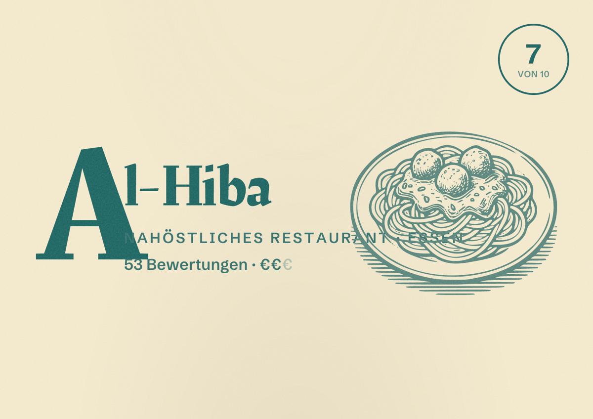 Illustriertes Poster von Al-Hiba, Nahöstliches Restaurant in Essen: Bewertung 7 von 10 aus 53 Bewertungen, Preisniveau €€