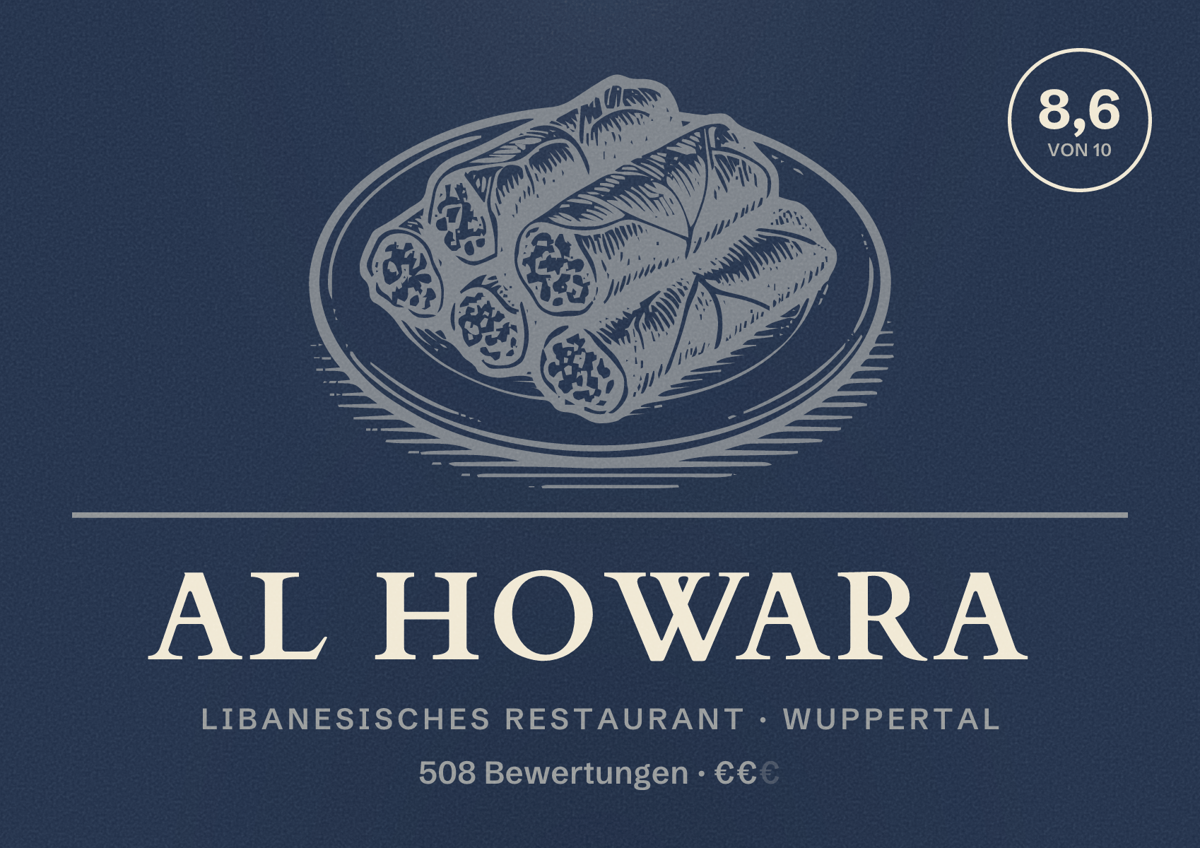 Illustriertes Poster von Al Howara, Libanesisches Restaurant in Wuppertal: Bewertung 8,6 von 10 aus 508 Bewertungen, Preisniveau €€