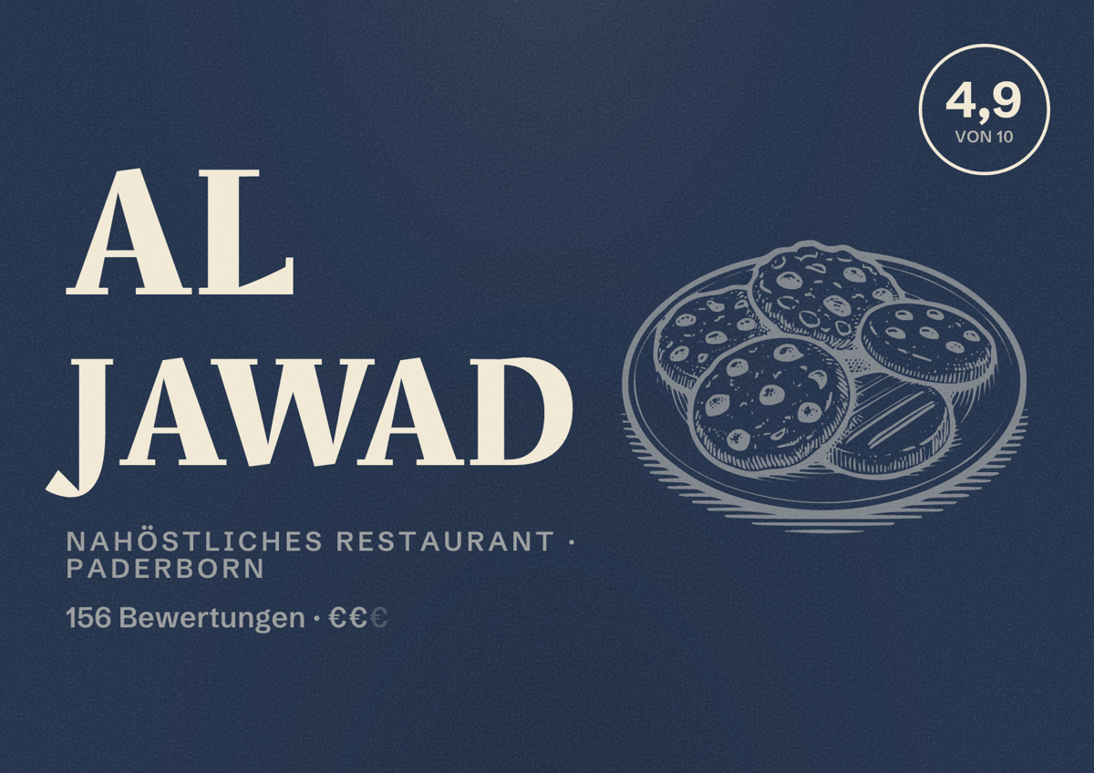 Illustriertes Poster von Al Jawad, Nahöstliches Restaurant in Paderborn: Bewertung 4,9 von 10 aus 156 Bewertungen, Preisniveau €€