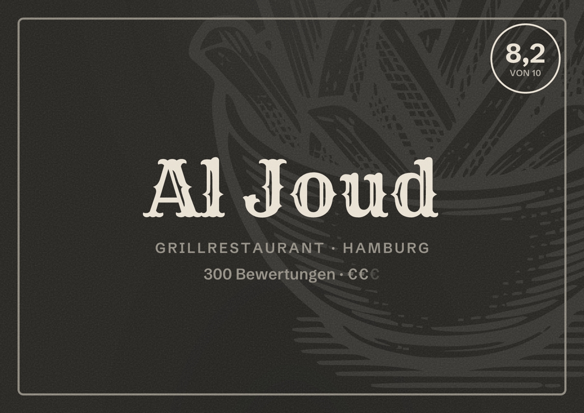 Illustriertes Poster von Al Joud, Grillrestaurant in Hamburg: Bewertung 8,2 von 10 aus 300 Bewertungen, Preisniveau €€