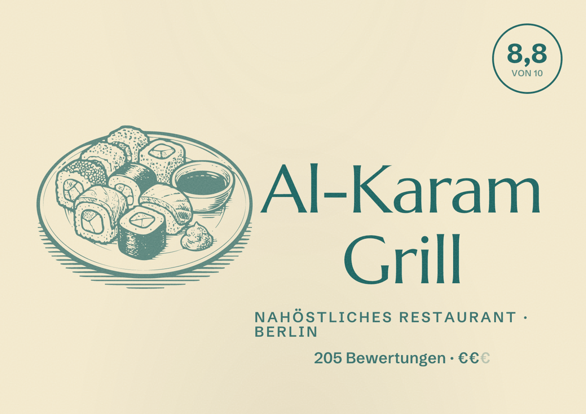 Illustriertes Poster von Al-Karam Grill, Nahöstliches Restaurant in Berlin: Bewertung 8,8 von 10 aus 205 Bewertungen, Preisniveau €€