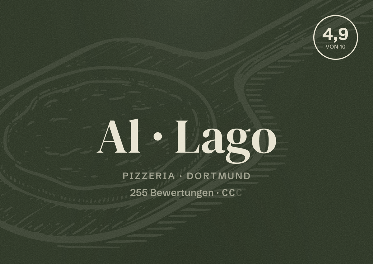 Illustriertes Poster von Al Lago, Pizzeria in Dortmund: Gästebewertung 4,9 von 10 aus 255 Bewertungen