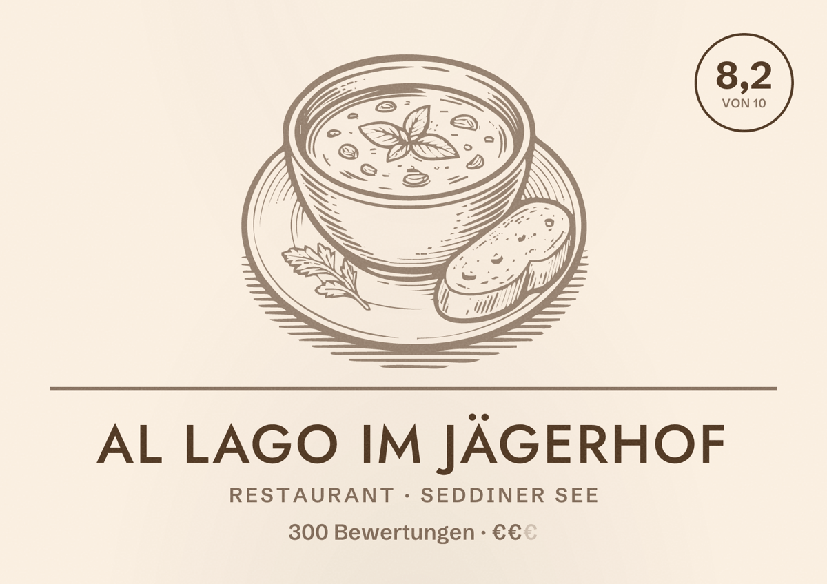 Illustriertes Poster von Al Lago im Jägerhof, Restaurant in Seddiner See: Bewertung 8,2 von 10 aus 300 Bewertungen, Preisniveau €€