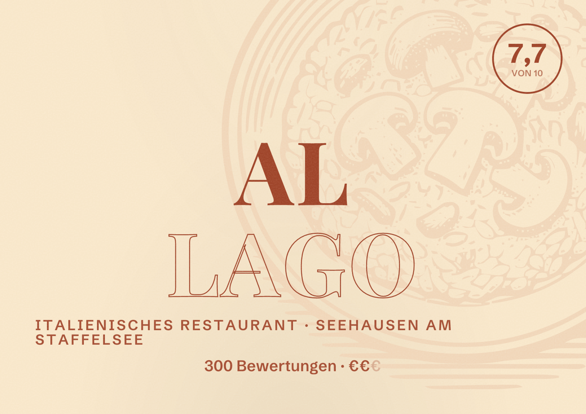Illustriertes Poster von al lago, Italienisches Restaurant in Seehausen am Staffelsee: Bewertung 7,7 von 10 aus 300 Bewertungen, Preisniveau €€