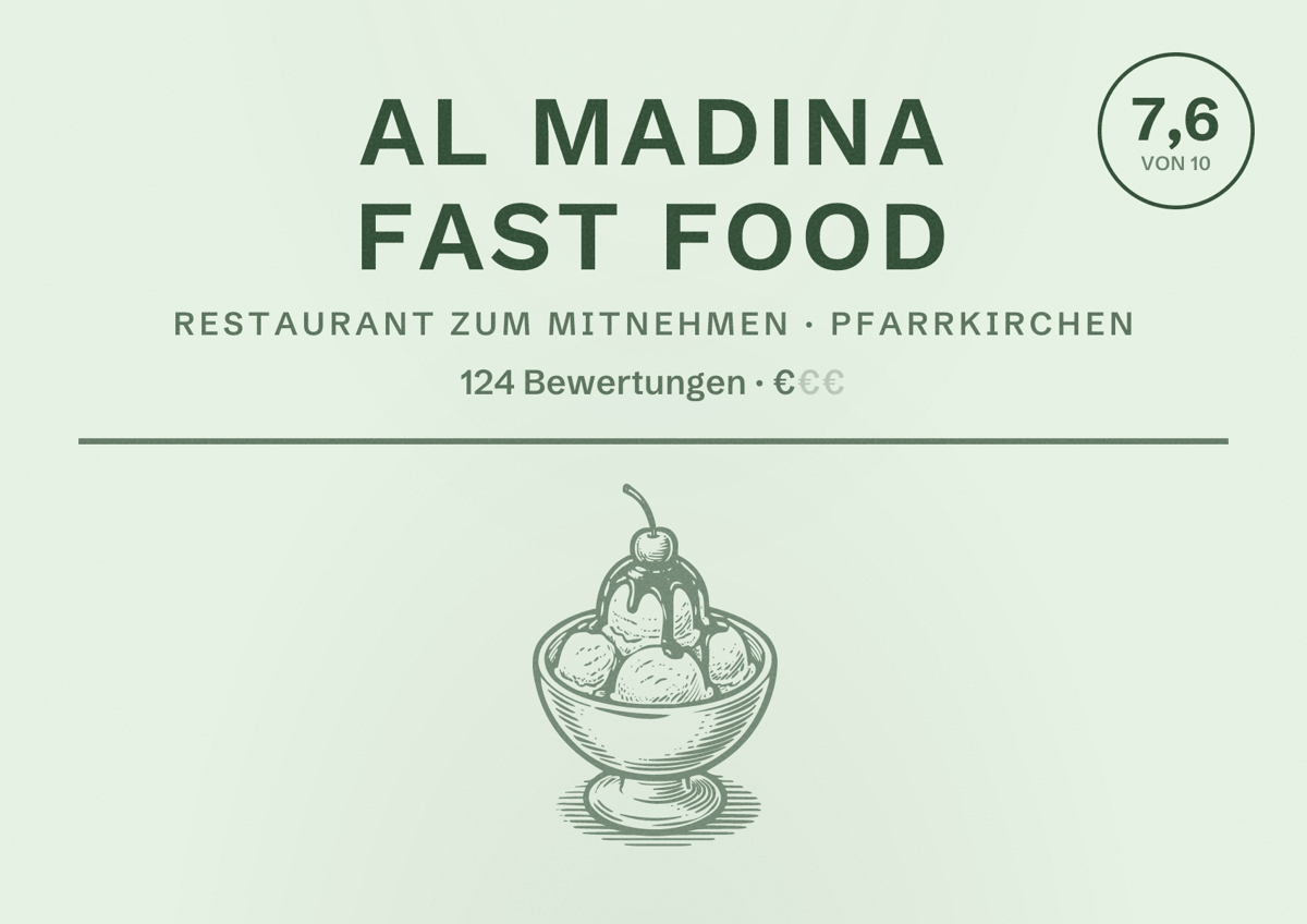 Illustriertes Poster von Al Madina Fast Food, Restaurant zum Mitnehmen in Pfarrkirchen: Bewertung 7,6 von 10 aus 124 Bewertungen, Preisniveau €