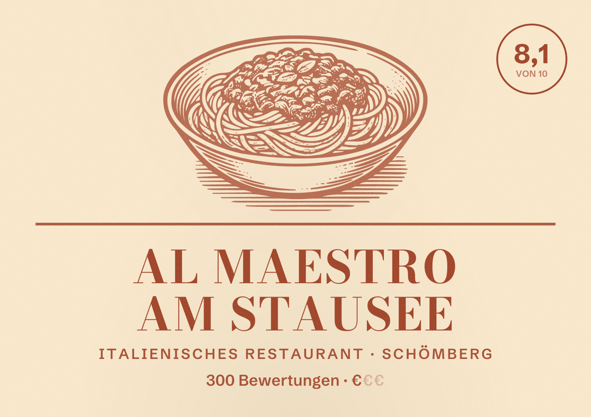 Illustriertes Poster von AL MAESTRO AM STAUSEE, Italienisches Restaurant in Schömberg: Bewertung 8,1 von 10 aus 300 Bewertungen, Preisniveau €